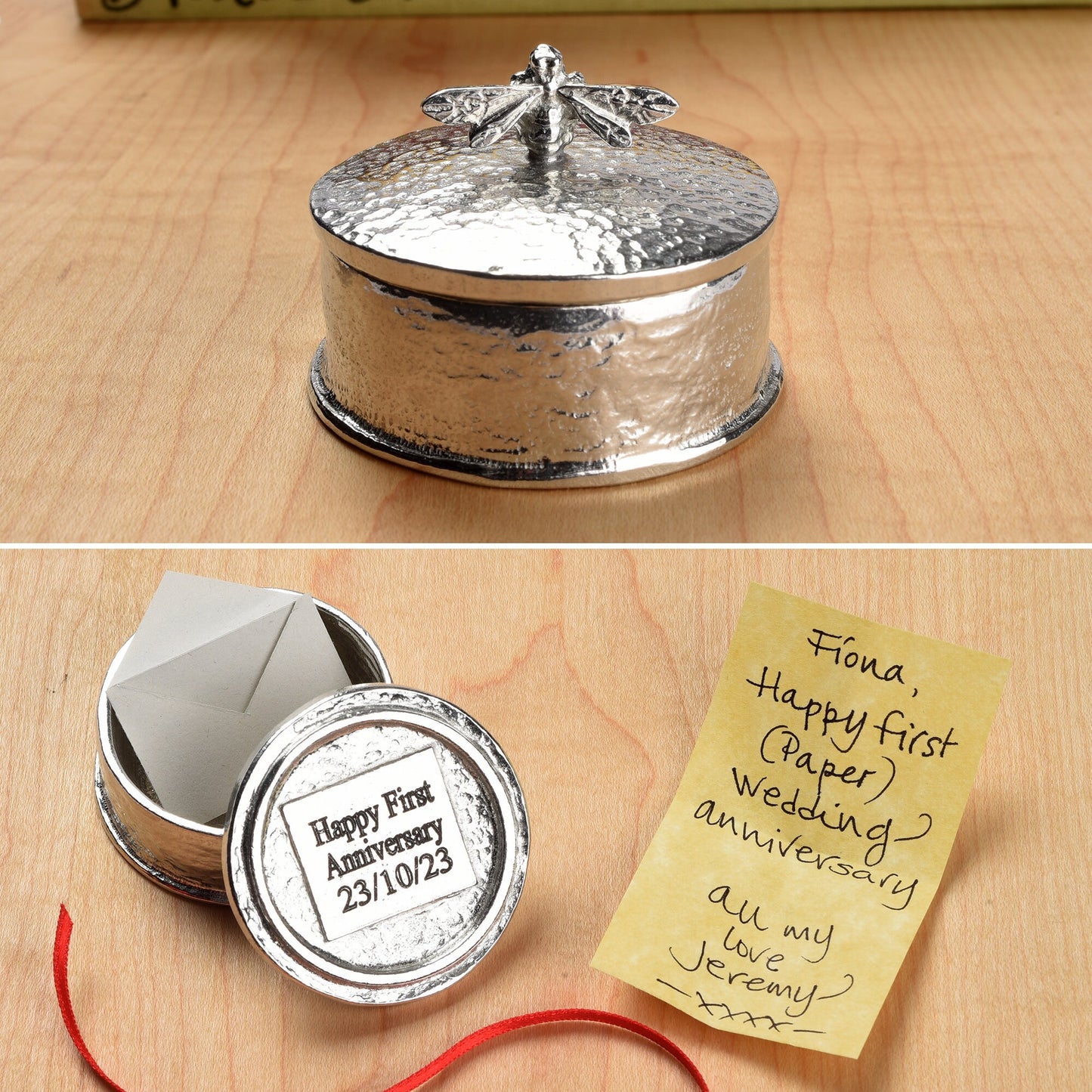 Bee pewter personalised trinket box. Our round bee keepsake box features a honey bee sculpture as a handle. The underside of the lid can be engraved with your personalised message. Bee gifts, personalised gifts for bee lovers. Country gifts