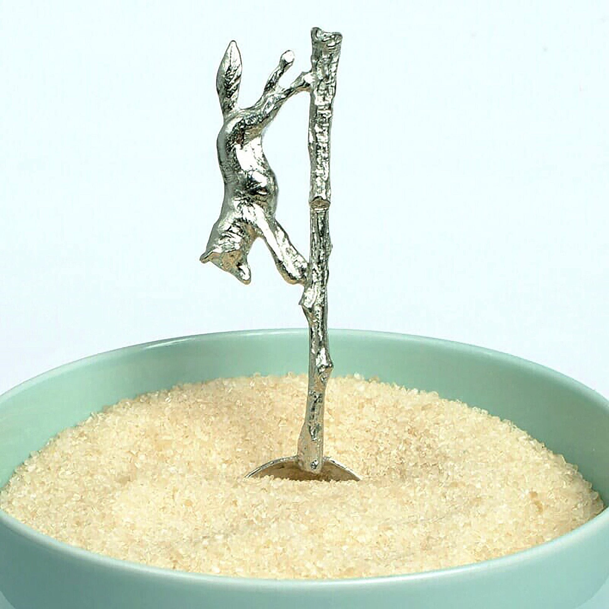 A small spoon pewter sugar spoon with a detailed fox running along a twig handle. Unusual, useful and tactile gifts for nature lovers, fox gifts handmade in the UK useful countryside gifts