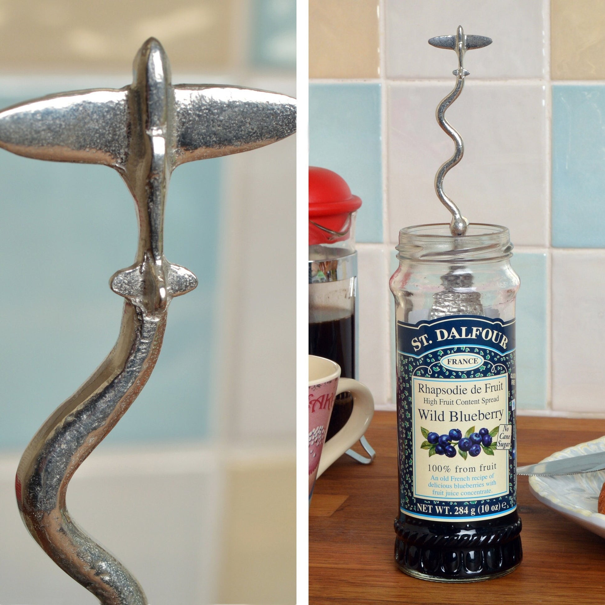 Spitfire jam jar spoon. A long handled pewter spoon with a hook to hang from any jar with a Spitfire aeroplane on the top. Useful, practical gifts to use every day. Spitfire gifts, gifts for spitfire lovers, gifts for pilots UK handmade