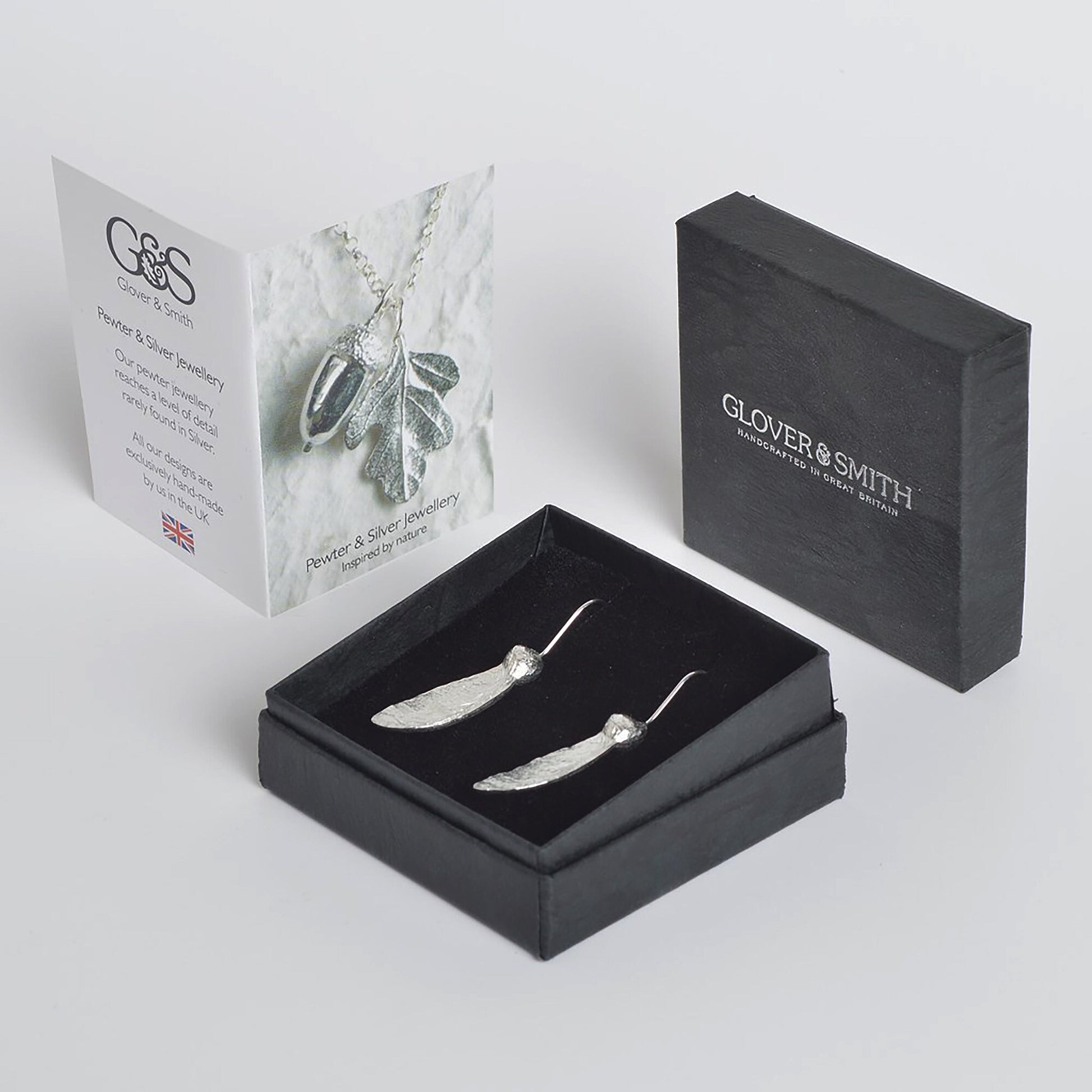 Sycamore key drop earrings, pewter sycamore keys on Sterling silver ear hooks. Pewter and silver sycamore key jewellery gifts, handmade in the UK by Glover and Smith