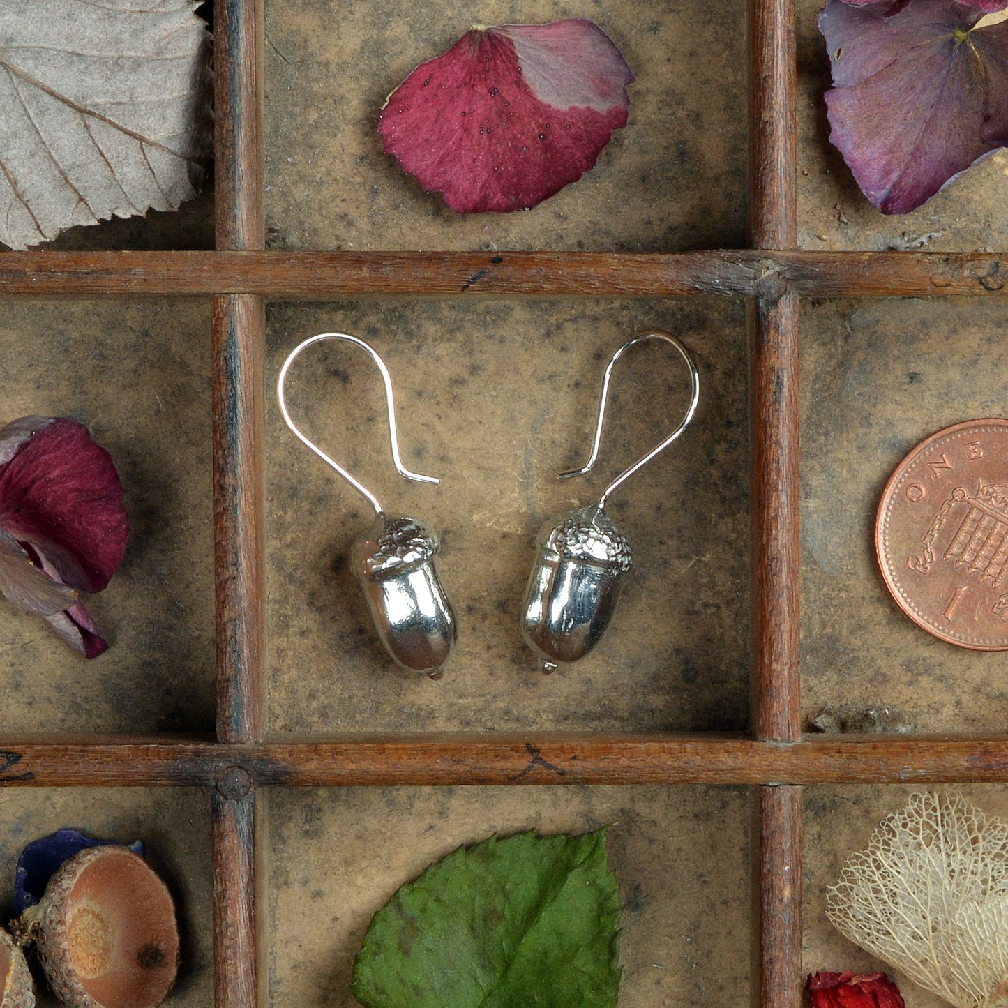 Acorn drop earrings, pewter acorns on Sterling silver ear hooks. Pewter and silver acorn jewellery gifts, handmade in the UK by Glover and Smith