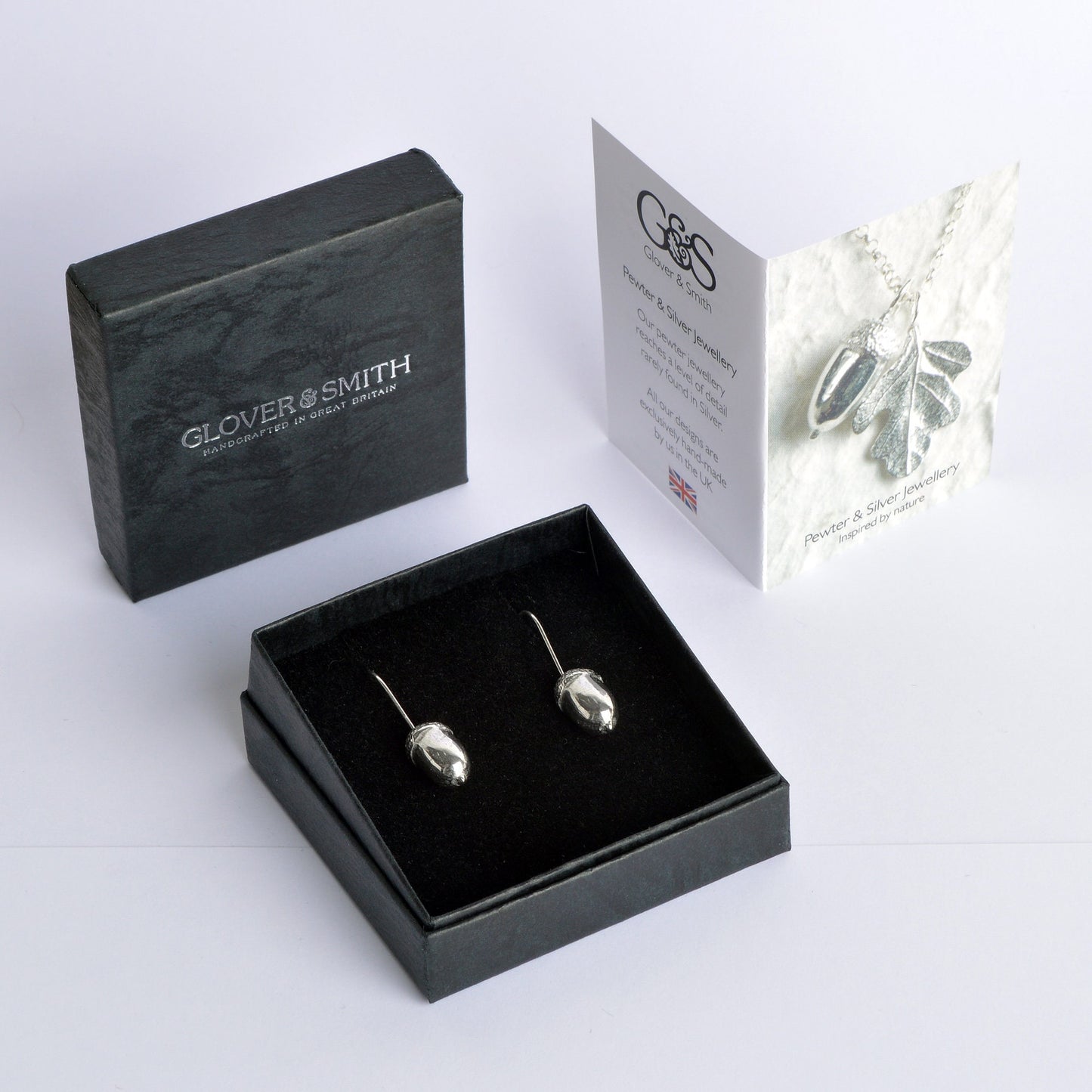 Acorn drop earrings, pewter acorns on Sterling silver ear hooks. Pewter and silver acorn jewellery gifts, handmade in the UK by Glover and Smith