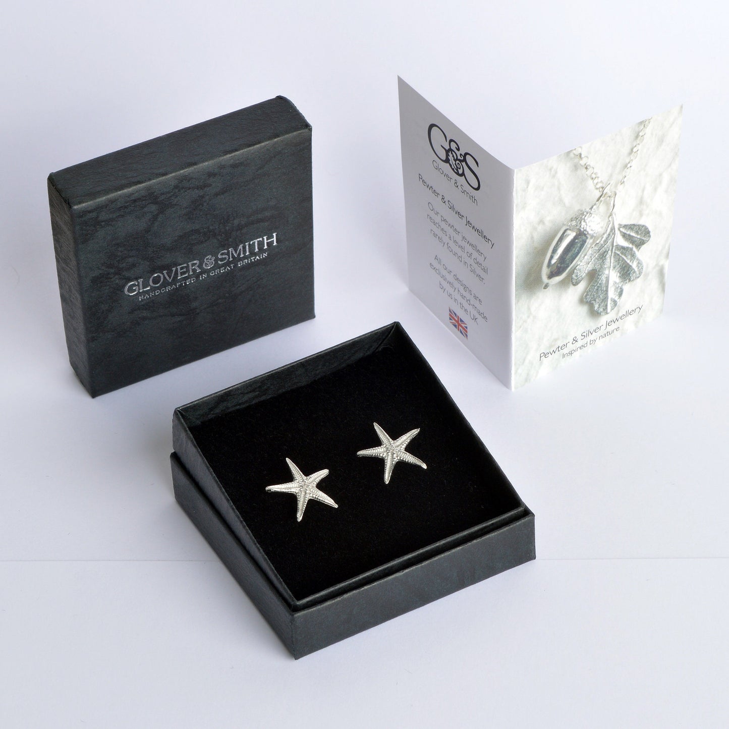 Starfish stud earrings, pewter starfish on Sterling silver stud posts. Pewter and silver starfish jewellery gifts, handmade in the UK by Glover and Smith