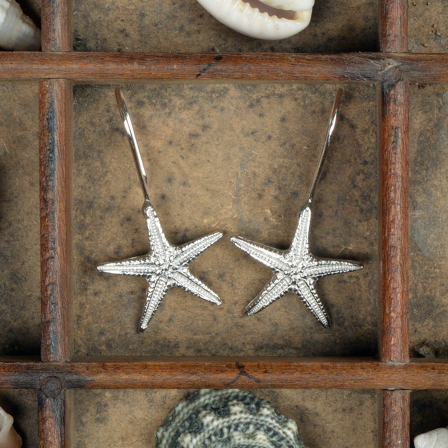 Starfish drop earrings, pewter starfishes on Sterling silver ear hooks. Pewter and silver starfish jewellery gifts, handmade in the UK by Glover and Smith