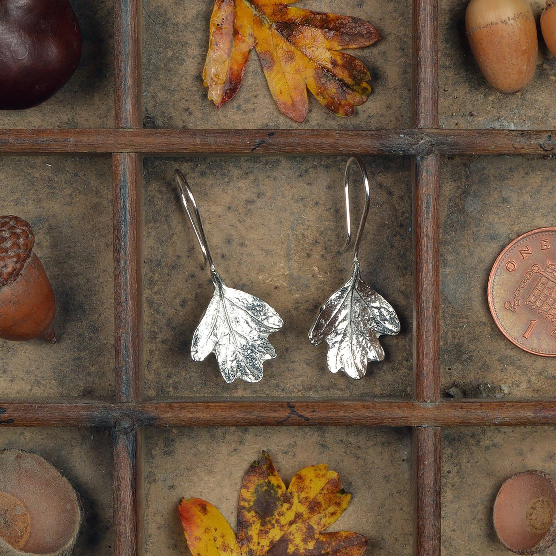 Hawthorn leaf drop earrings, pewter hawthorn leaves on Sterling silver ear hooks. Pewter and silver leaf jewellery gifts, handmade in the UK by Glover and Smith