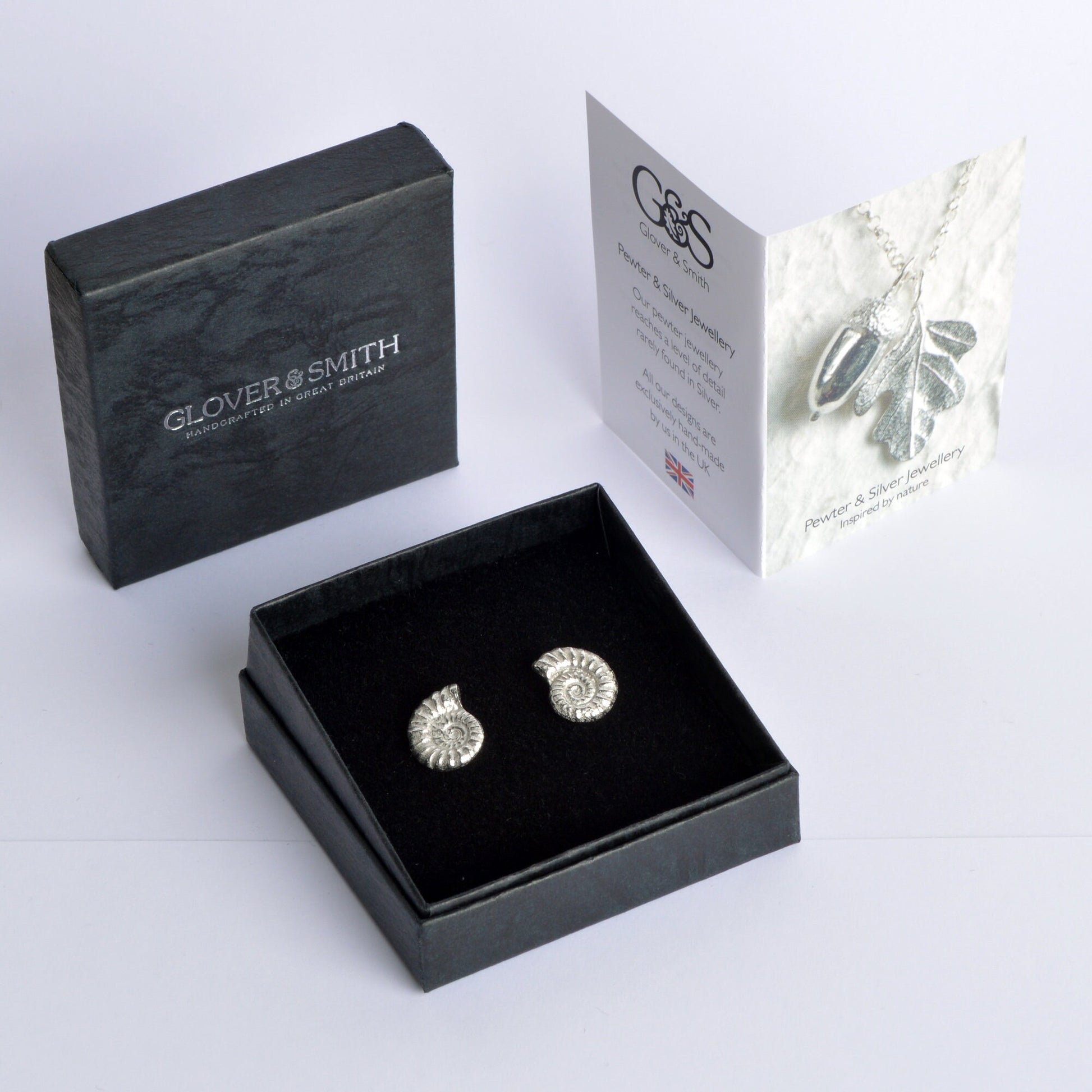 Ammonite stud earrings, pewter ammonite fossils on Sterling silver stud posts. Pewter and silver ammonite jewellery gifts, handmade in the UK by Glover and Smith