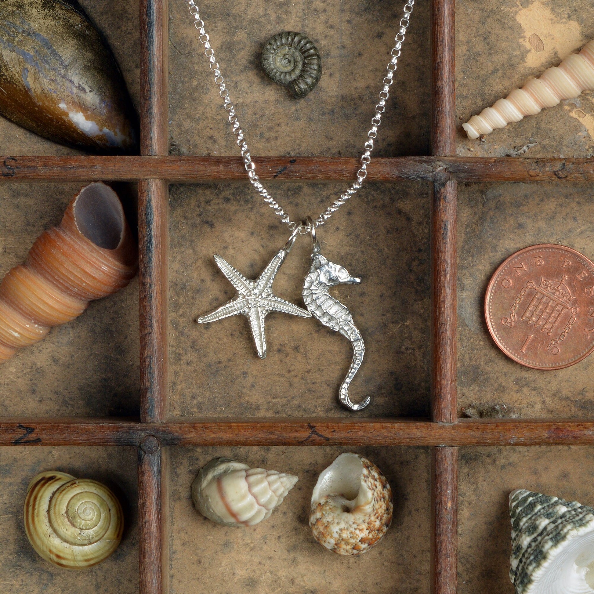 A delicate and detailed pewter seahorse and starfish necklace on an 18" Sterling silver chain. Great jewellery gifts for her, nautical gifts for starfish and seahorse lovers. The perfect 10th tin 10 year wedding anniversary gift (Our pewter is 95% tin). Made in Britain with love. 