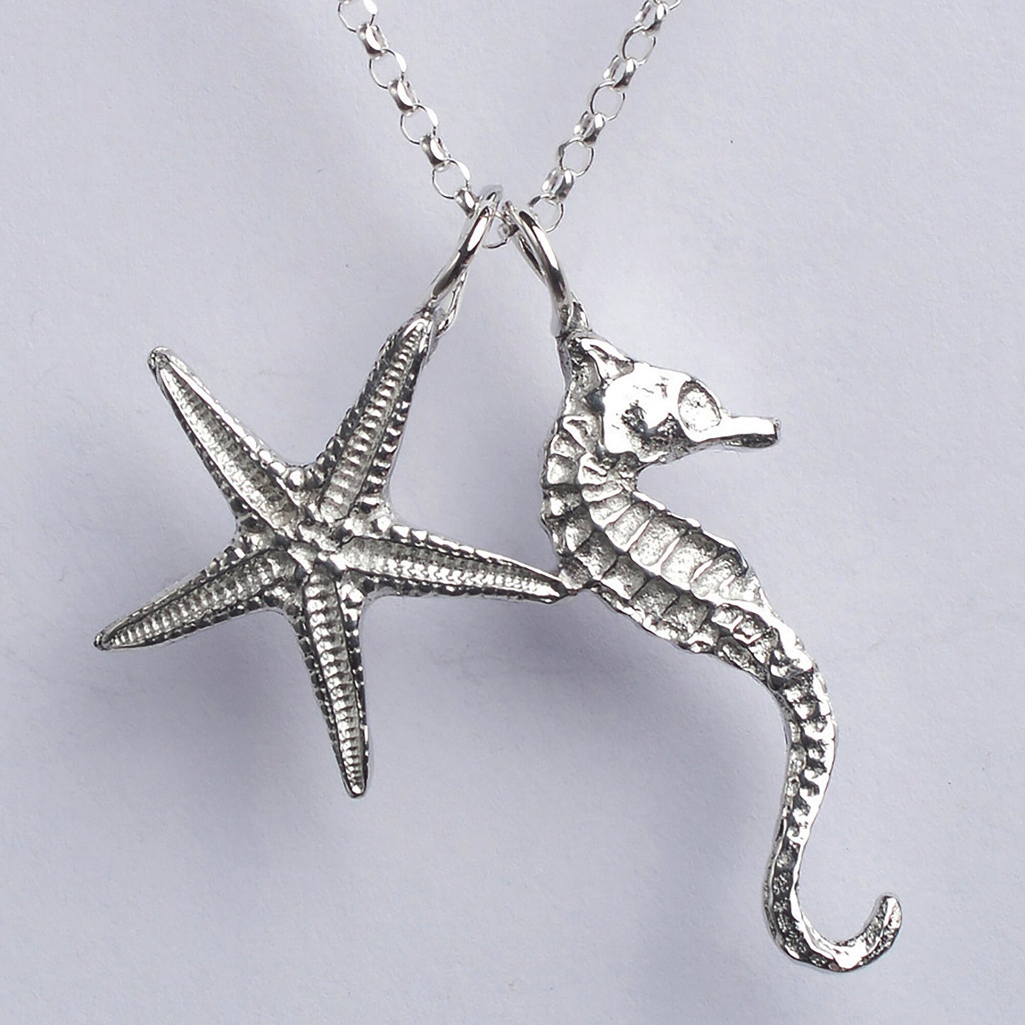 A delicate and detailed pewter seahorse and starfish necklace on an 18" Sterling silver chain. Great jewellery gifts for her, nautical gifts for starfish and seahorse lovers. The perfect 10th tin 10 year wedding anniversary gift (Our pewter is 95% tin). Made in Britain with love. 