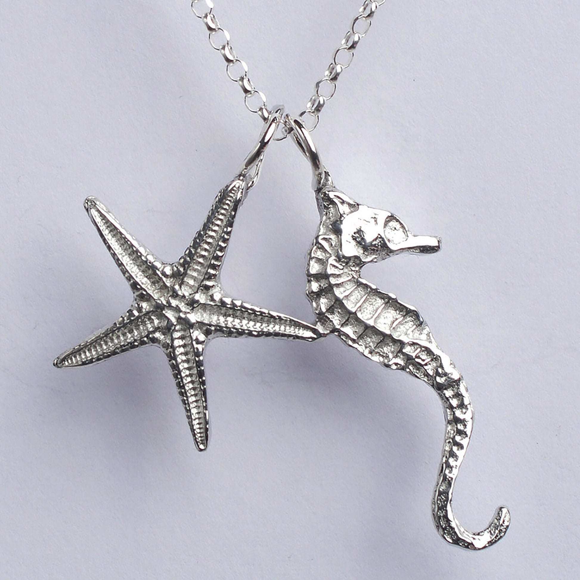 A delicate and detailed pewter seahorse and starfish necklace on an 18" Sterling silver chain. Great jewellery gifts for her, nautical gifts for starfish and seahorse lovers. The perfect 10th tin 10 year wedding anniversary gift (Our pewter is 95% tin). Made in Britain with love. 