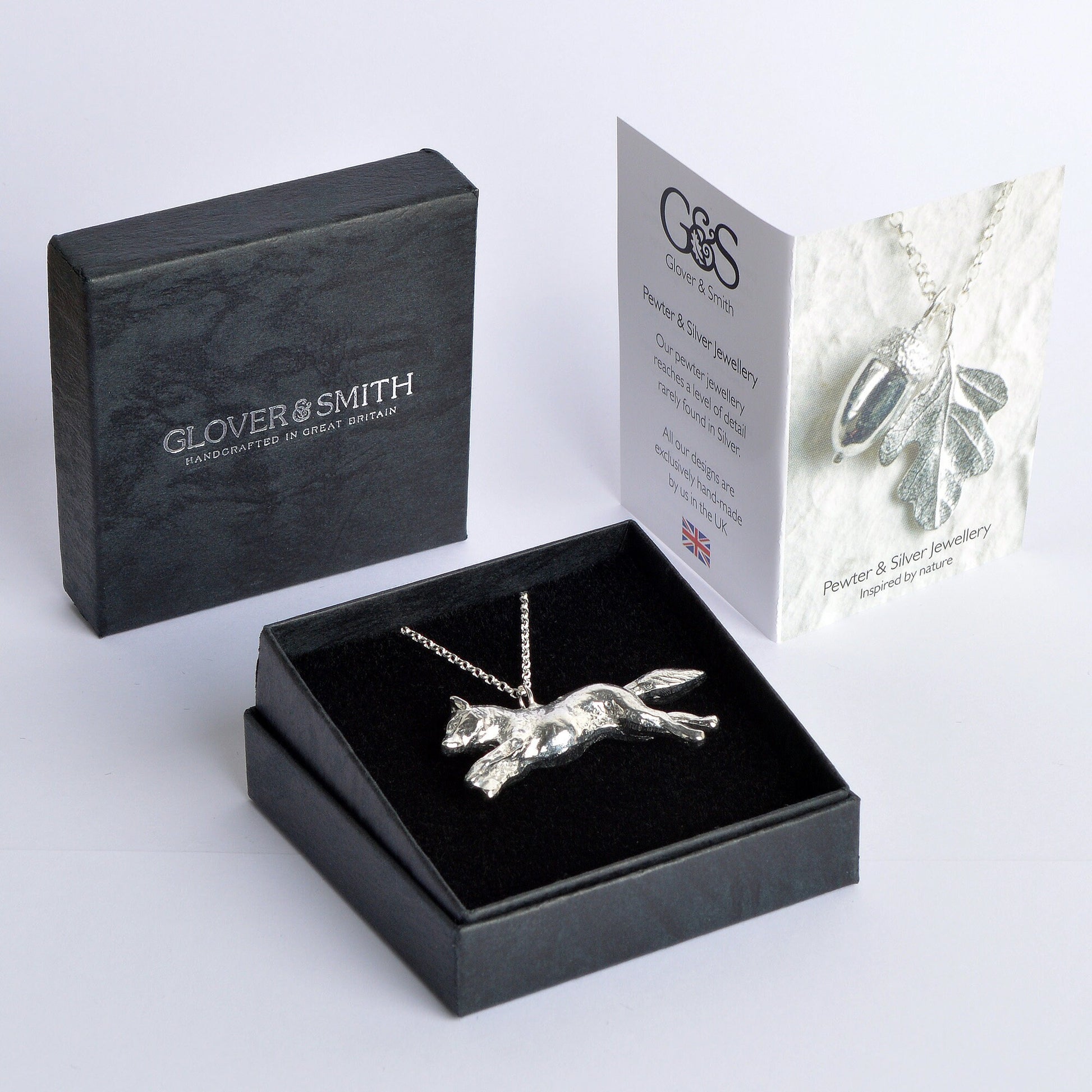 A detailed pewter running fox necklace on an 18" Sterling silver chain. Great jewellery gifts for her, fox gifts for fox lovers. Hunting gifts, country gifts. The perfect 10th tin 10 year wedding anniversary gift (Our pewter is 95% tin). Made in Britain with love. 