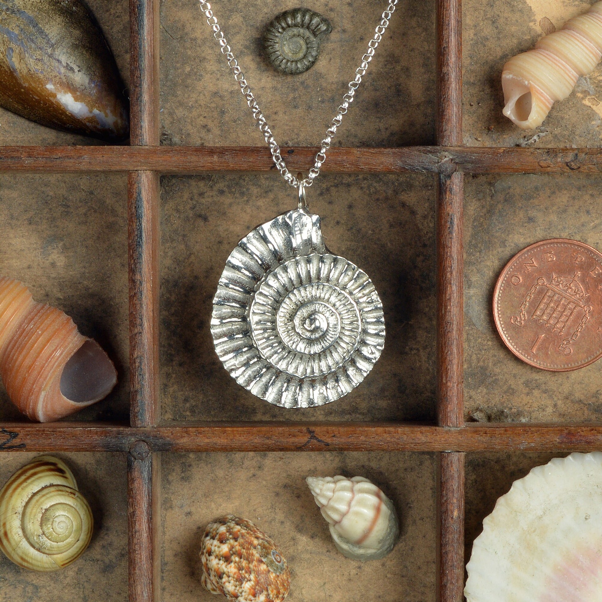 A detailed pewter ammonite fossil necklace on an 18" Sterling silver chain. Gifts for fossil lovers, ammonite nautical gifts, geology gifts. Great jewellery gifts for her. The perfect 10th tin 10 year wedding anniversary gift (Our pewter is 95% tin). Made in Britain with love.