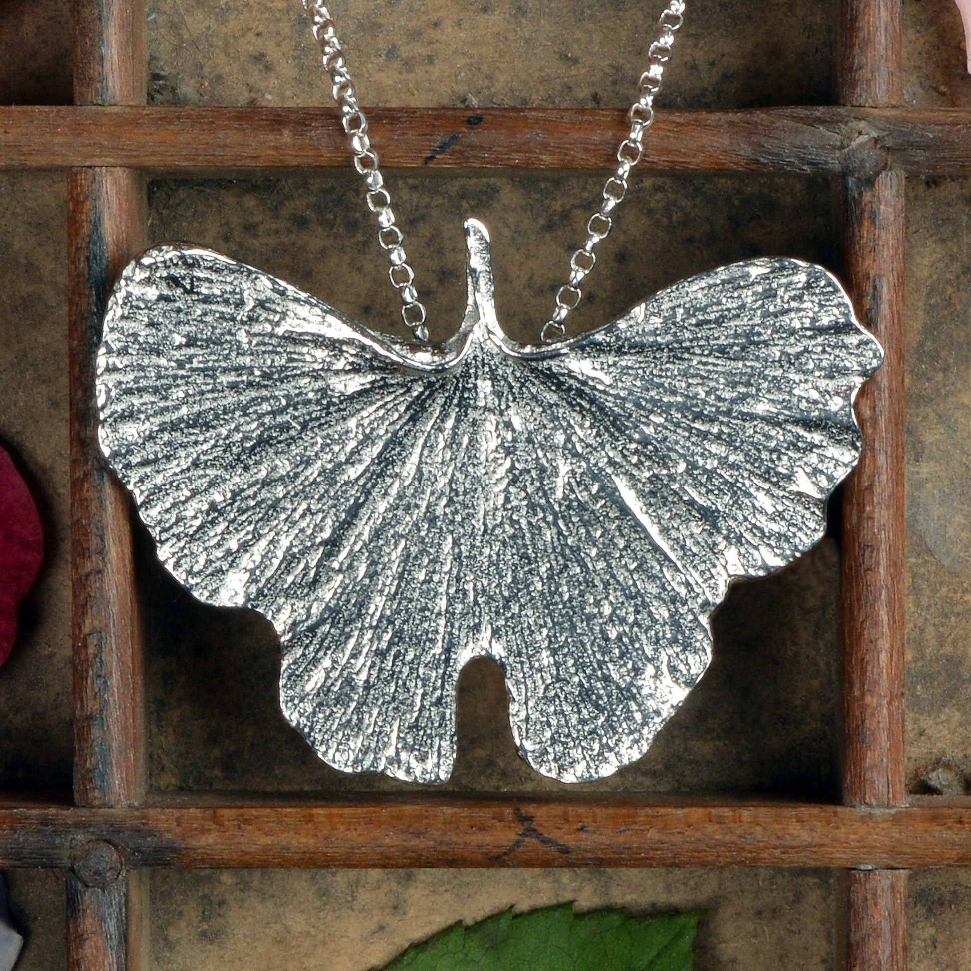 A detailed pewter ginkgo leaf necklace on an 18" Sterling silver chain. Gifts for nature lovers, ginkgo leaf jewellery. Great jewellery gifts for her. The perfect 10th tin 10 year wedding anniversary gift (Our pewter is 95% tin). Made in Britain with love.