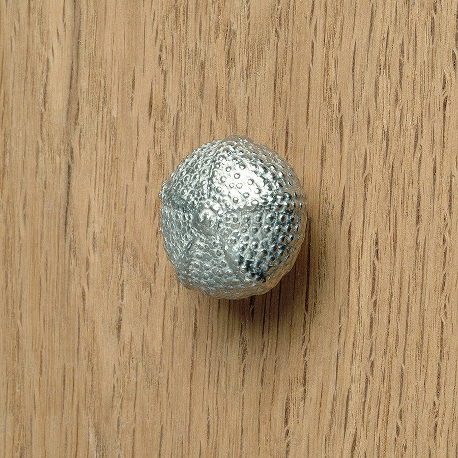 A solid pewter cabinet handle, cupboard knob, furniture handle or drawer pull in the shape of a detailed sea urchin pod. Organic, unusual handles UK handmade with finesse