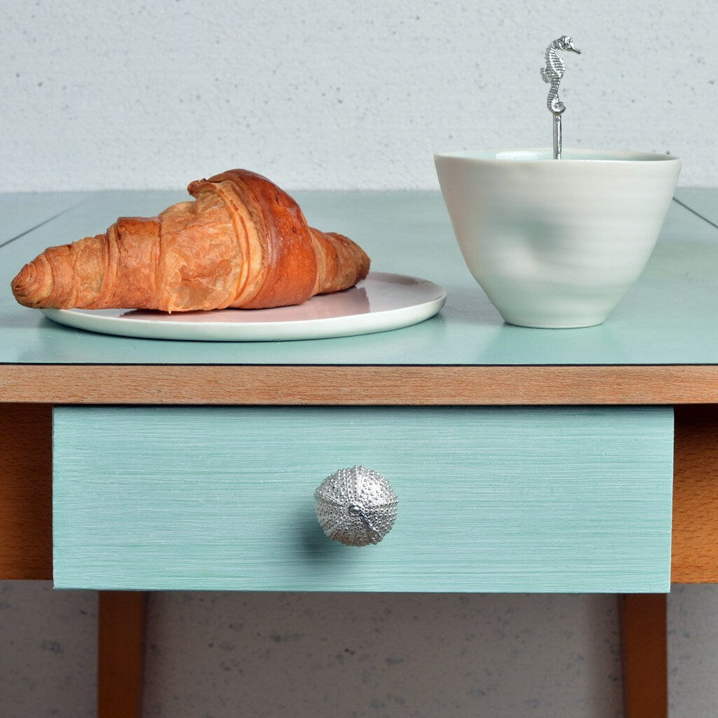 A solid pewter cabinet handle, cupboard knob, furniture handle or drawer pull in the shape of a detailed sea urchin pod. Organic, unusual handles UK handmade with finesse