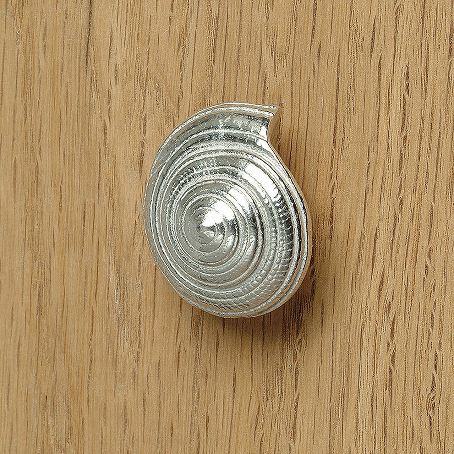 A solid pewter cabinet handle, cupboard knob, furniture handle or drawer pull in the shape of a detailed spiral sea shell. Organic, unusual handles UK handmade with finesse