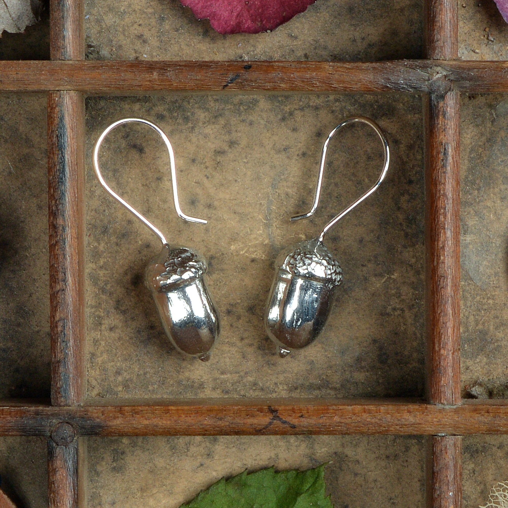 Acorn drop earrings, pewter acorns on Sterling silver ear hooks. Pewter and silver acorn jewellery gifts, handmade in the UK by Glover and Smith