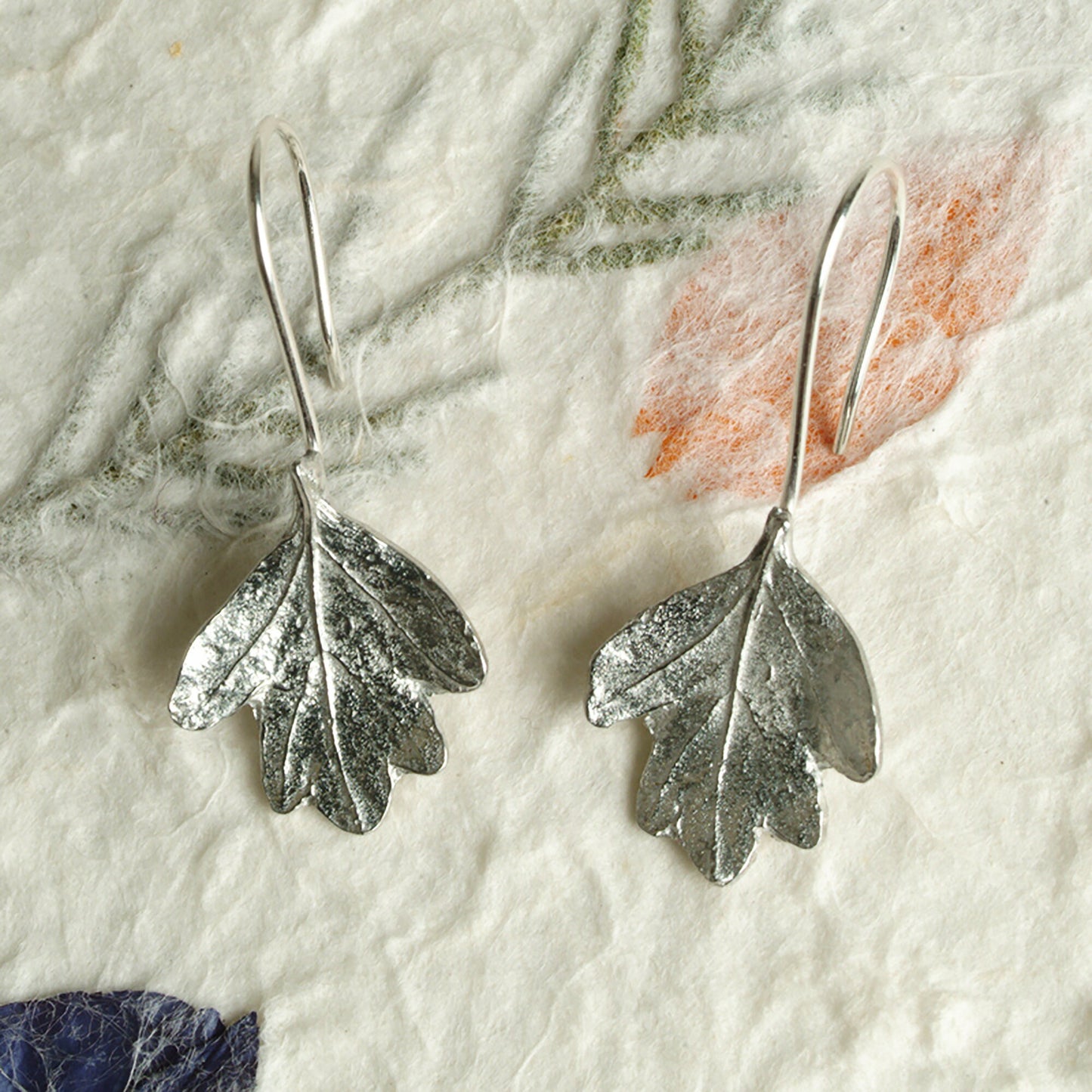 Hawthorn leaf drop earrings, pewter hawthorn leaves on Sterling silver ear hooks. Pewter and silver leaf jewellery gifts, handmade in the UK by Glover and Smith