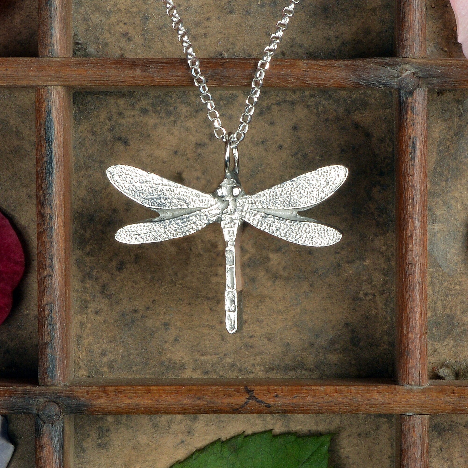 A detailed pewter dragonfly necklace on an 18" Sterling silver chain. Great jewellery gifts for her, dragonfly jewellery gifts for dragonfly lovers. Country gifts. The perfect 10th tin 10 year wedding anniversary gift (Our pewter is 95% tin). Made in Britain with love. 