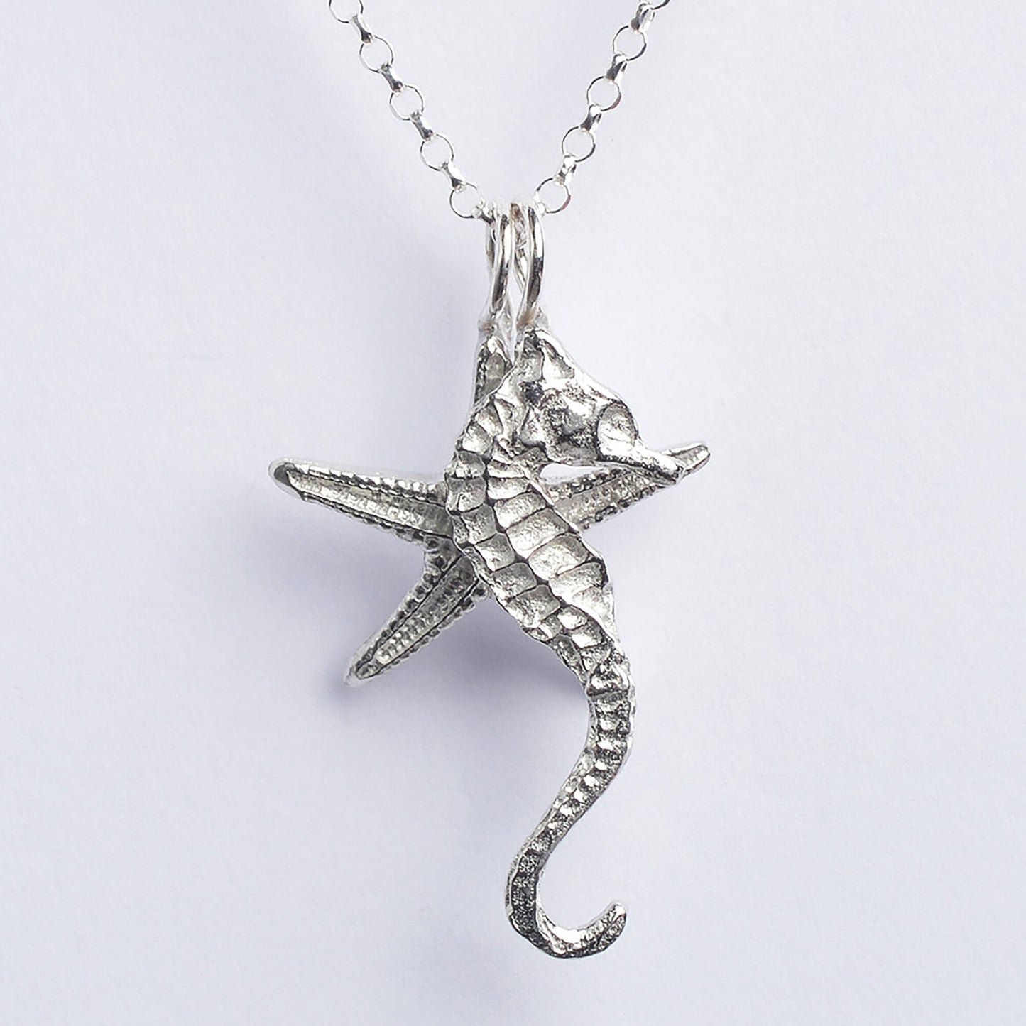 A delicate and detailed pewter seahorse and starfish necklace on an 18" Sterling silver chain. Great jewellery gifts for her, nautical gifts for starfish and seahorse lovers. The perfect 10th tin 10 year wedding anniversary gift (Our pewter is 95% tin). Made in Britain with love. 