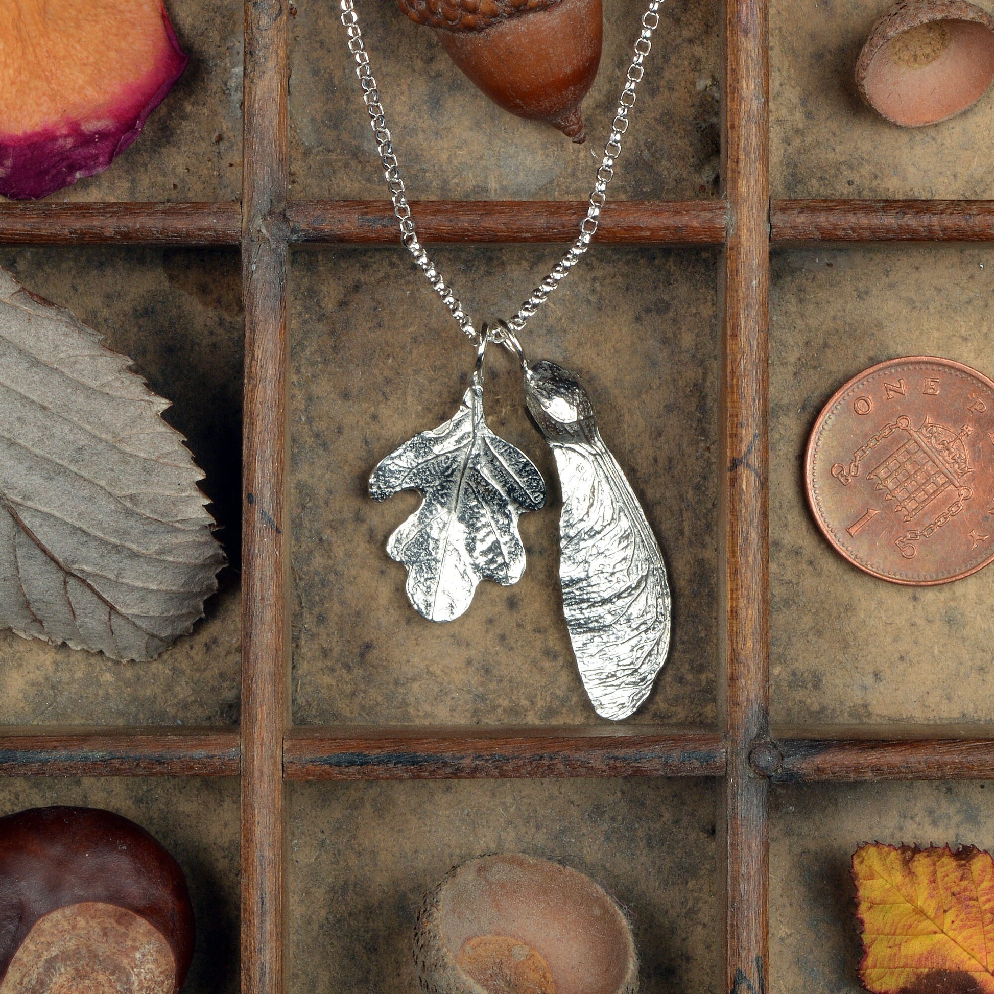 A detailed pewter oak leaf & sycamore key necklace on an 18" Sterling silver chain. Gifts for nature lovers, oak leaf jewellery. Great jewellery gifts for her. The perfect 10th tin 10 year wedding anniversary gift (Our pewter is 95% tin). Made in Britain with love.