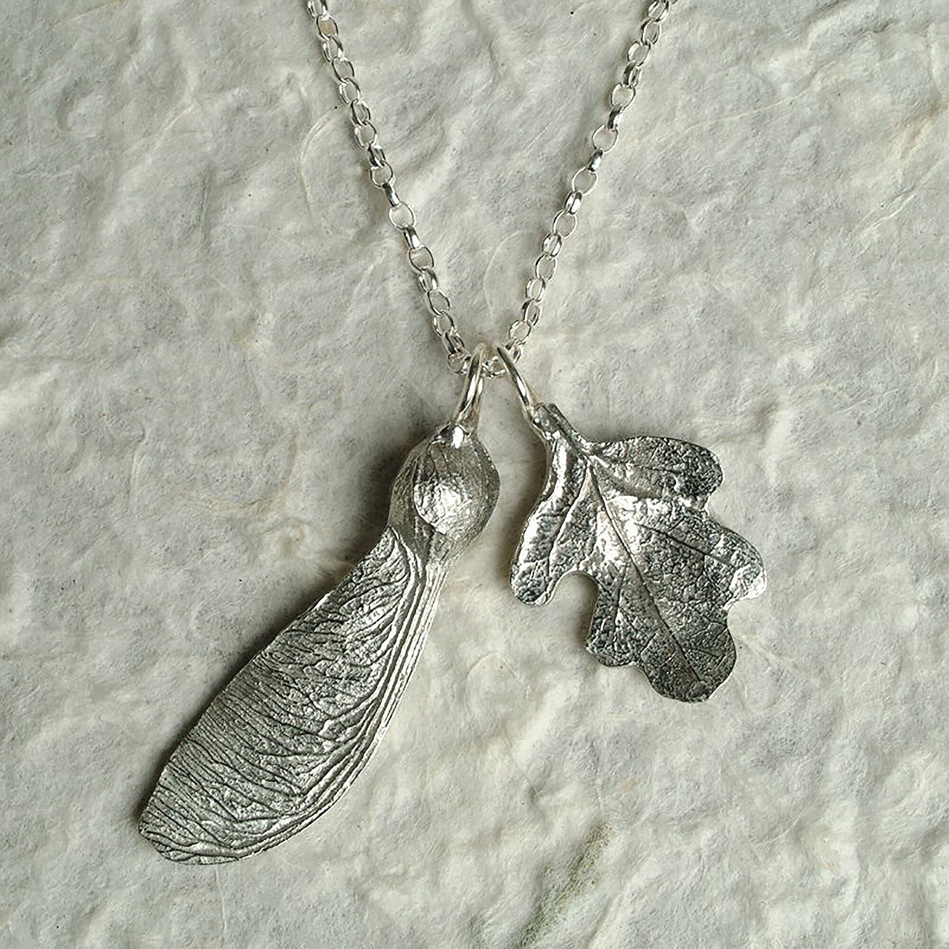 A detailed pewter oak leaf & sycamore key necklace on an 18" Sterling silver chain. Gifts for nature lovers, oak leaf jewellery. Great jewellery gifts for her. The perfect 10th tin 10 year wedding anniversary gift (Our pewter is 95% tin). Made in Britain with love.