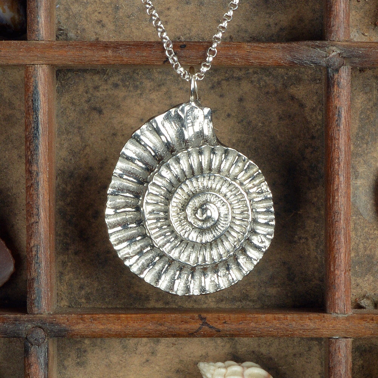 A detailed pewter ammonite fossil necklace on an 18" Sterling silver chain. Gifts for fossil lovers, ammonite nautical gifts, geology gifts. Great jewellery gifts for her. The perfect 10th tin 10 year wedding anniversary gift (Our pewter is 95% tin). Made in Britain with love.