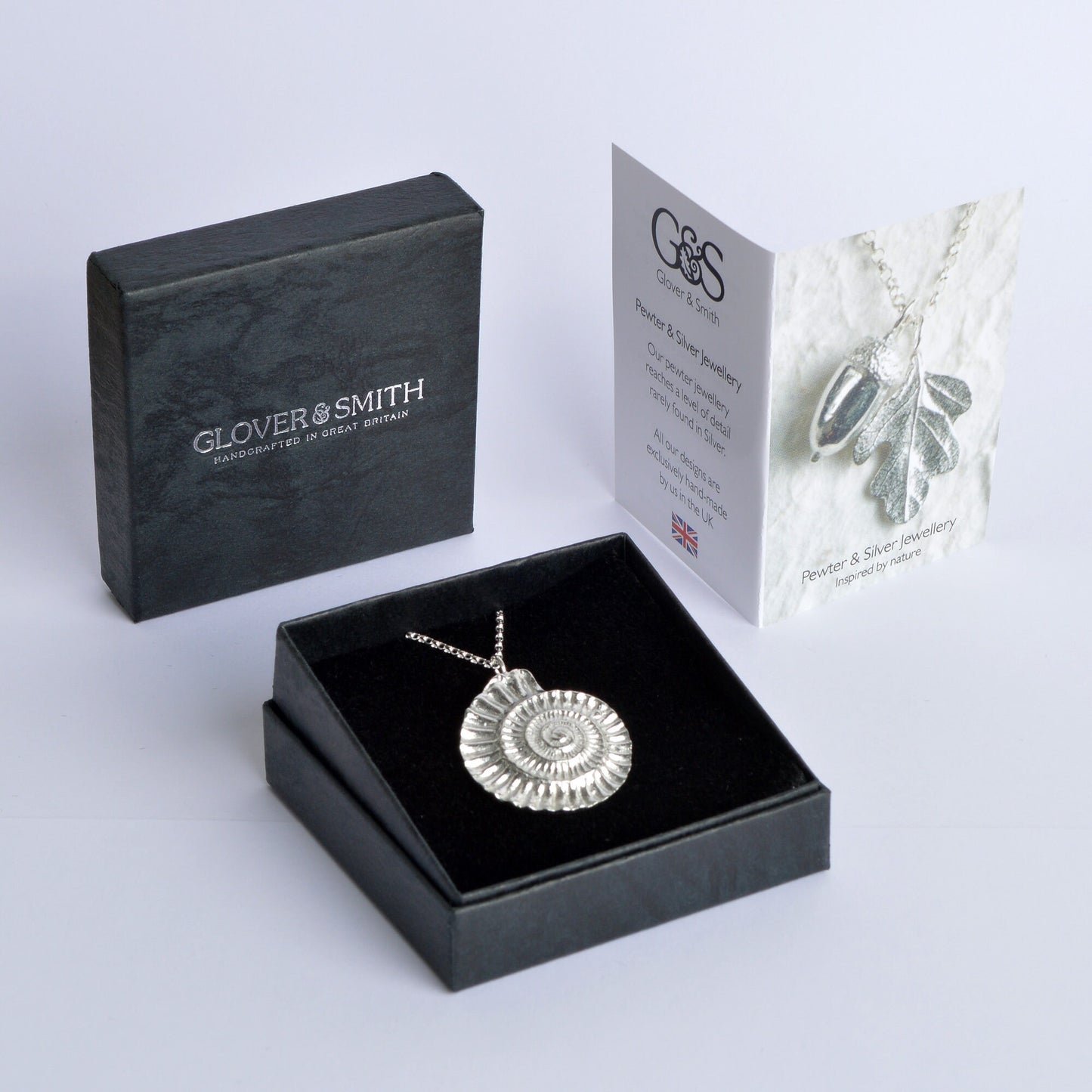 A detailed pewter ammonite fossil necklace on an 18" Sterling silver chain. Gifts for fossil lovers, ammonite nautical gifts, geology gifts. Great jewellery gifts for her. The perfect 10th tin 10 year wedding anniversary gift (Our pewter is 95% tin). Made in Britain with love.