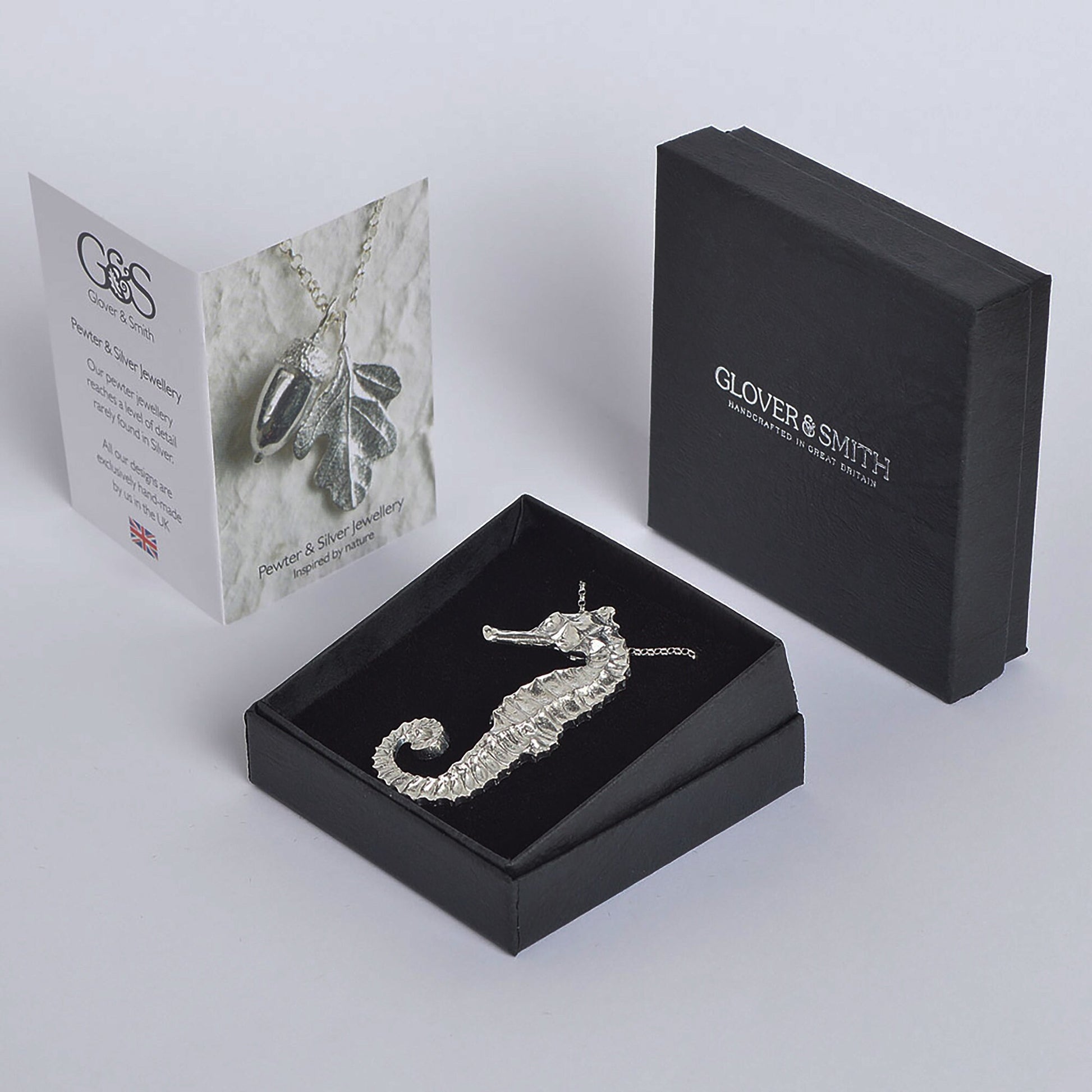 A delicate and detailed pewter seahorse necklace on an 18" Sterling silver chain. Great jewellery gifts for her, nautical gifts for seahorse lovers. The perfect 10th tin 10 year wedding anniversary gift (Our pewter is 95% tin). Made in Britain with love. 