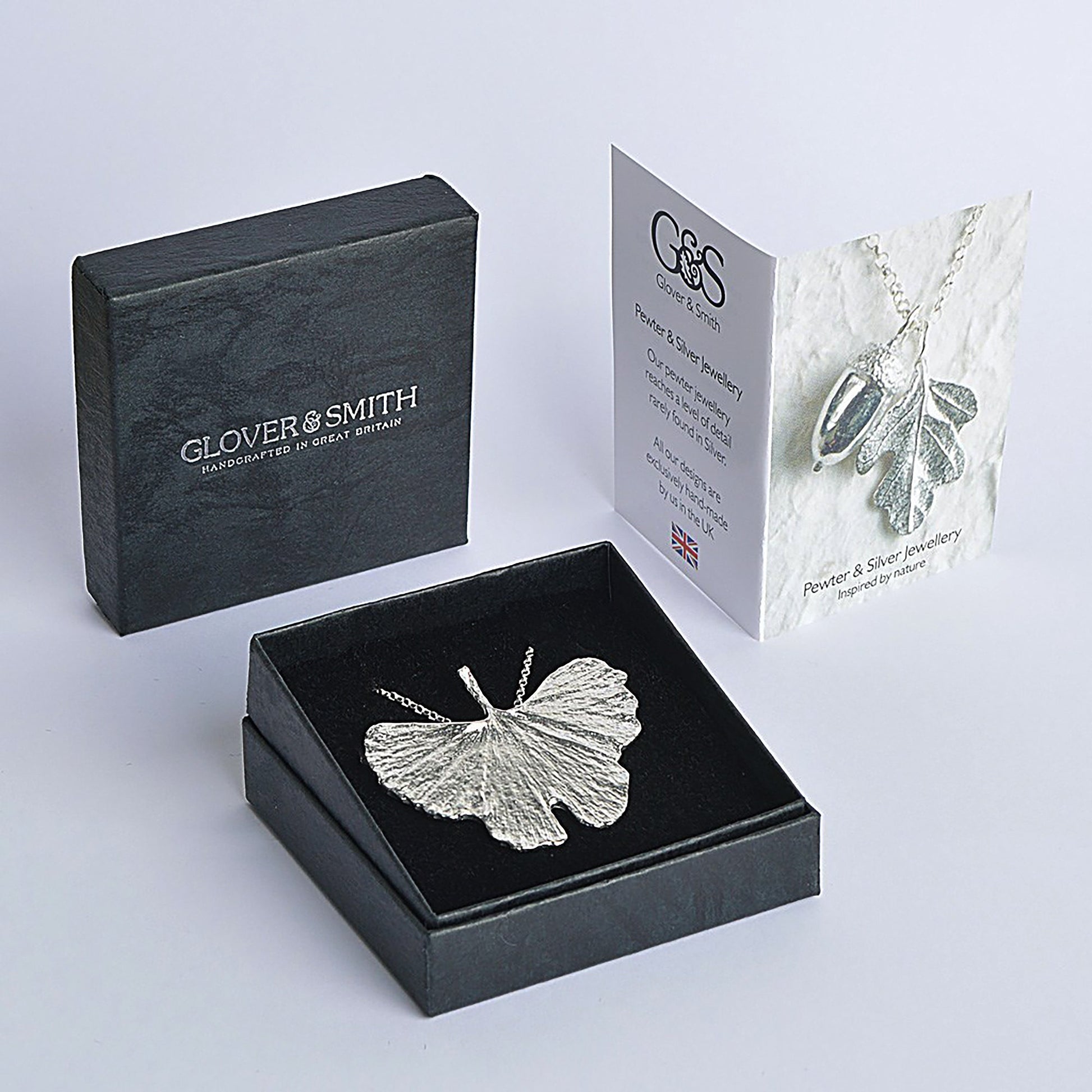 A detailed pewter ginkgo leaf necklace on an 18" Sterling silver chain. Gifts for nature lovers, ginkgo leaf jewellery. Great jewellery gifts for her. The perfect 10th tin 10 year wedding anniversary gift (Our pewter is 95% tin). Made in Britain with love.