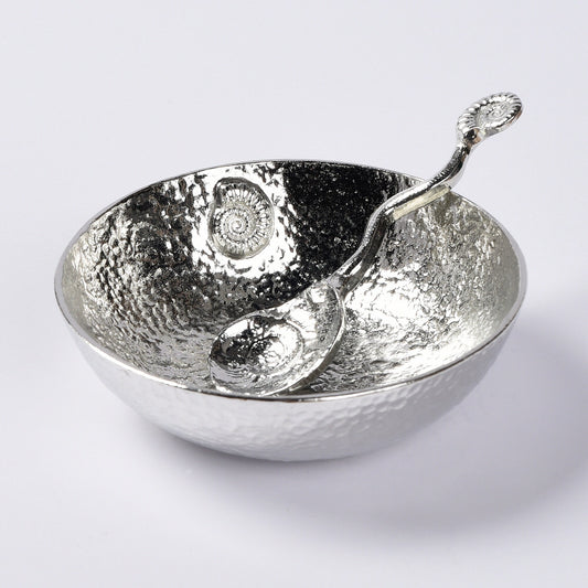 A 9cm diameter beautifully textured circular pewter bowl, with a striking, yet subtle ammonite fossil on the inside of the dish, comes with accompanying ammonite  fossil spoon. Gifts For Fossil Lovers