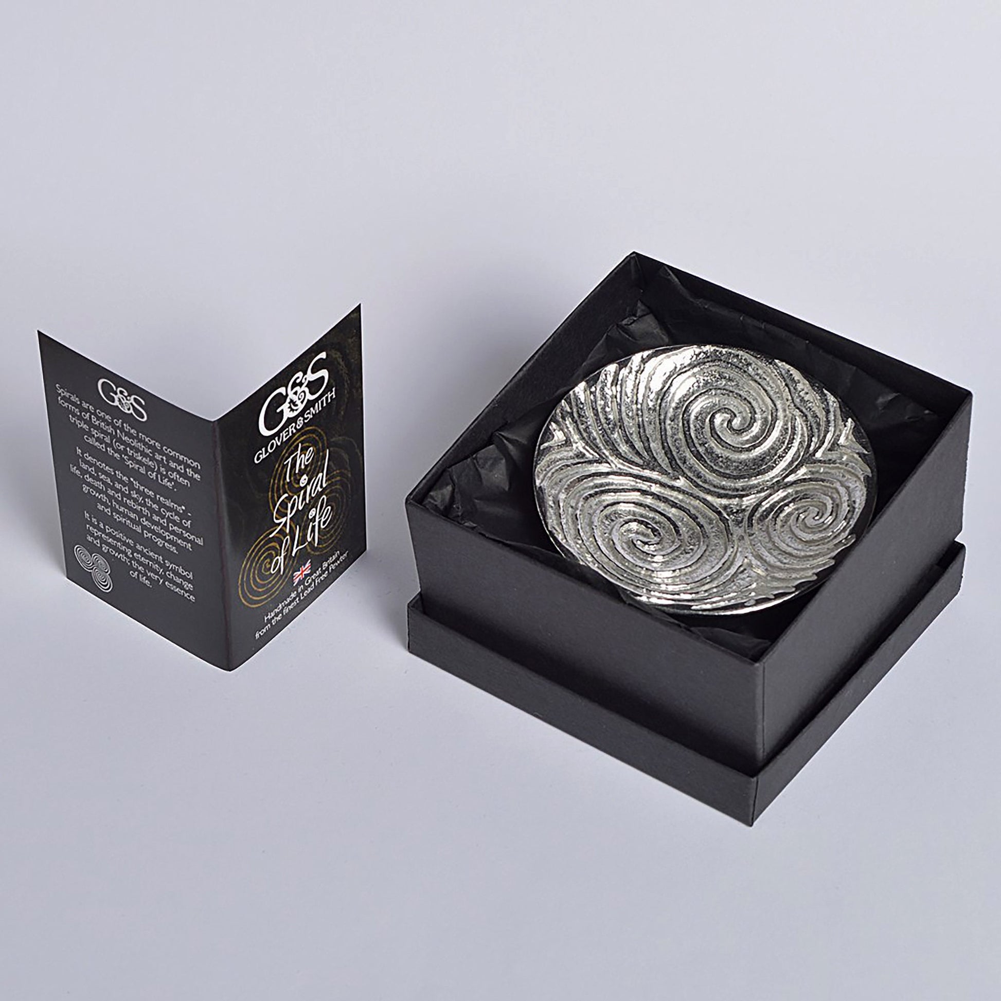 Spiral of life pewter trinket dish. Its design is based on the the triple spiral (or triskele) often called the Spiral of Life as found carved on the entrance stone at Newgrange in Ireland. Celtic spiral gifts.