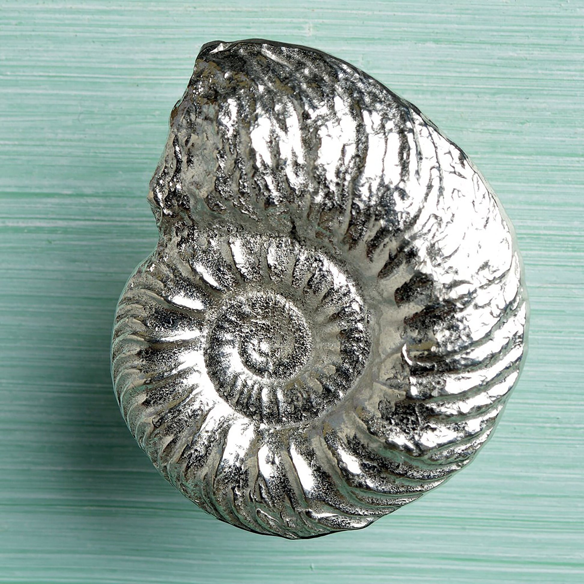 A solid pewter cabinet handle, cupboard knob, furniture handle or drawer pull in the shape of a detailed ammonite fossil. Organic, unusual handles UK handmade with finesse