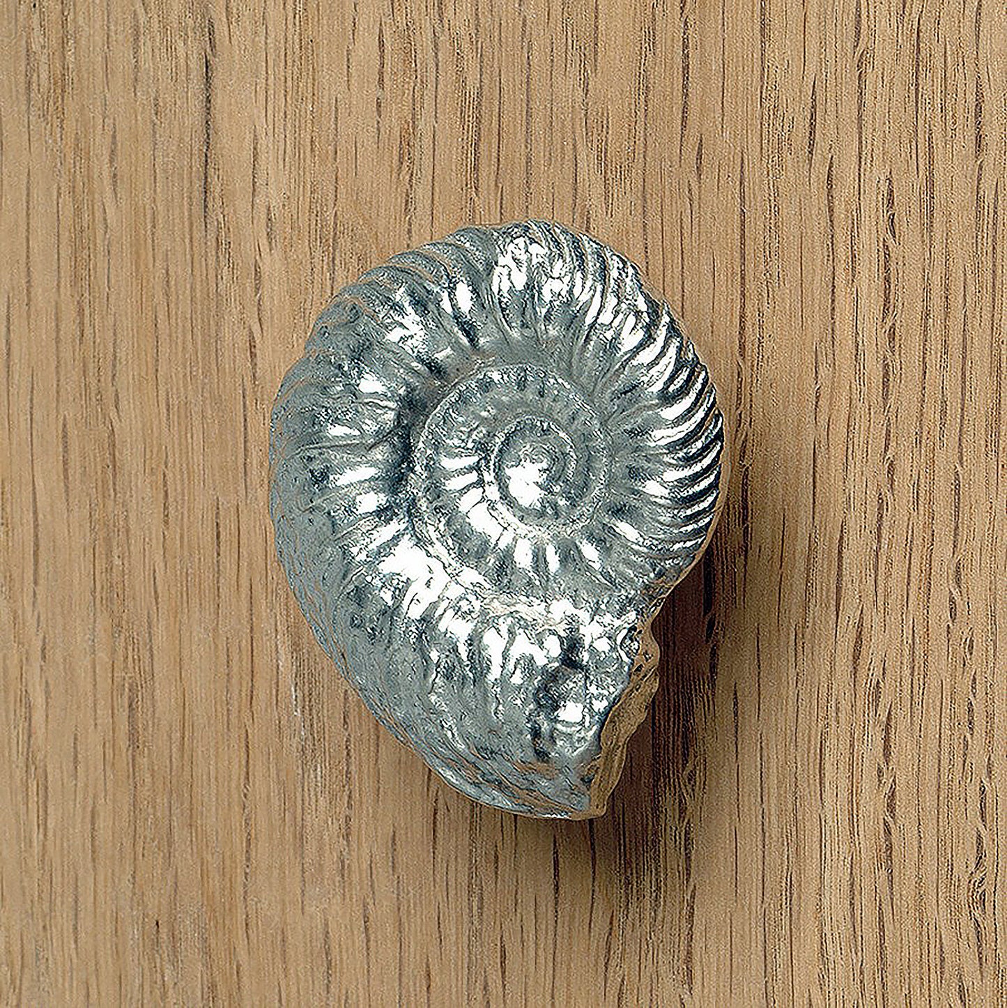 A solid pewter cabinet handle, cupboard knob, furniture handle or drawer pull in the shape of a detailed ammonite fossil. Organic, unusual handles UK handmade with finesse