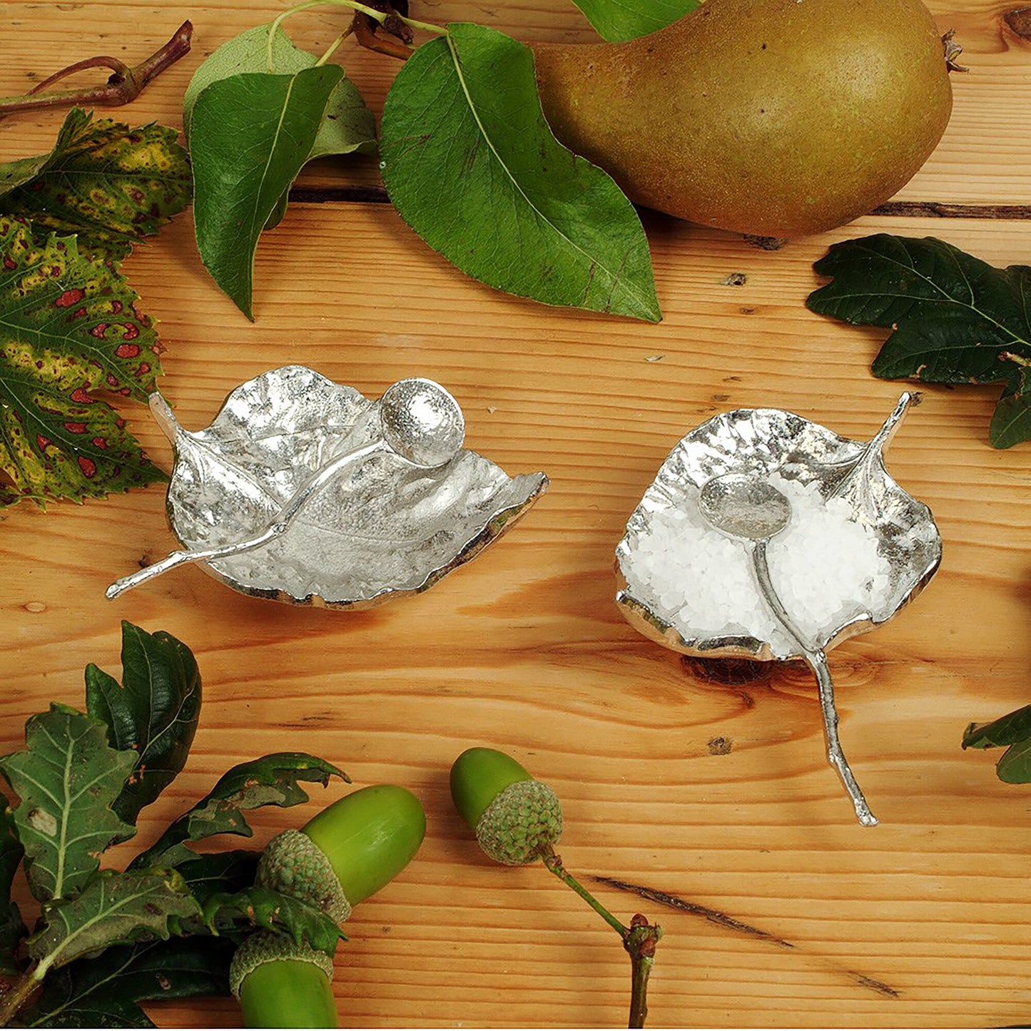 A gorgeously detailed decorative little pewter beech leaf shaped bowl and spoon set. The delicate silver coloured leaf bowl is ideal for sea salt, sugar, mustard etc. The accompanying little spoon has a tiny twig for a stem.