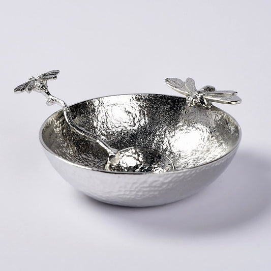 A 9cm diameter textured circular pewter bowl, with a striking bee on the edge of the dish, comes with accompanying bee spoon. Great gifts for bee lovers or bee keepers. Unusual bee gifts UK handmade.