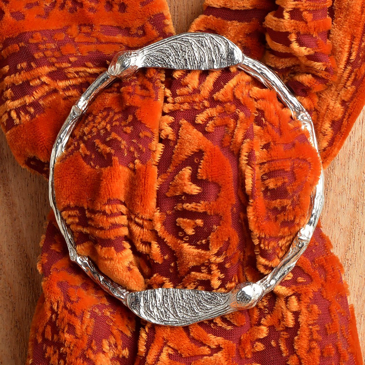 Sycamore key scarf ring. Two detailed sycamore seed keys rest on a twig textured ring on this decorative pewter ring for scarves. It will fit most large velvet, silk, cotton or wool scarves. Autumn gifts, gifts for nature lovers.