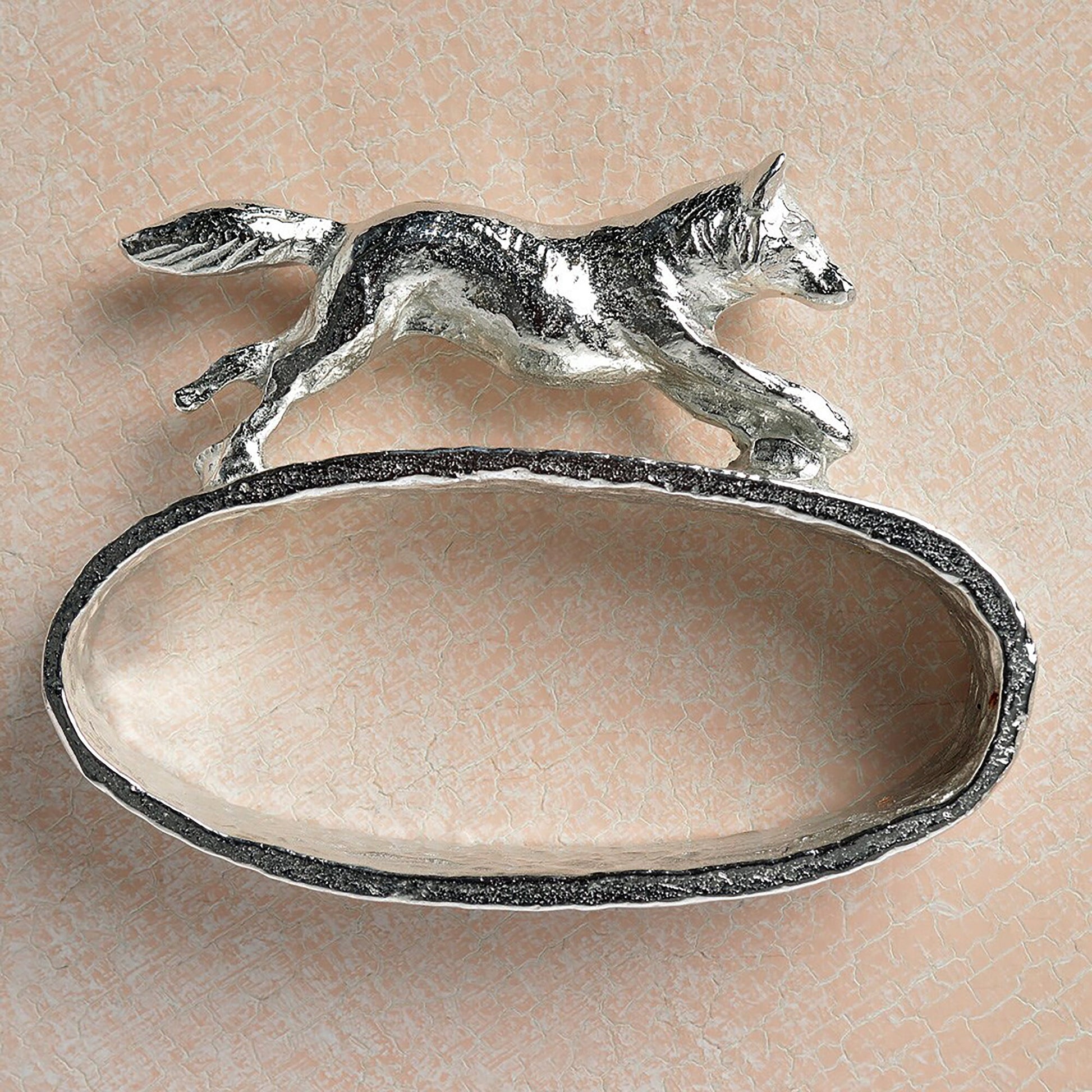 A set of 6 textured pewter oval-shaped napkin rings. Each one has a beautifully observed sculpture of a British countryside animal on top. Perfect country gifts. The set consists of a: fox, hound, chicken, duck, wren and hare.