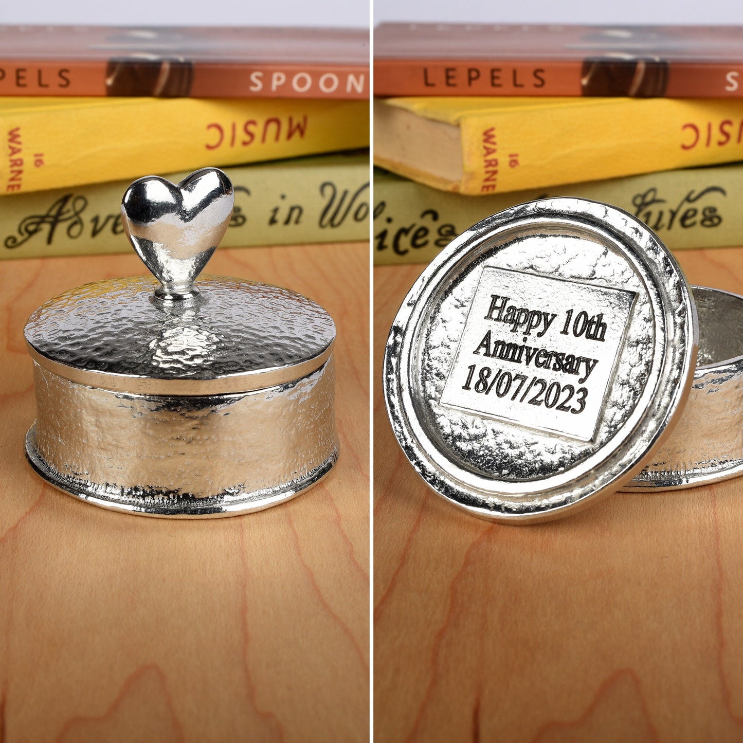 Heart 10th wedding anniversary pewter personalised trinket box gift. Our round anniversary keepsake box features a heart sculpture as a handle. The underside of the lid can be engraved with your message. A perfect tin ten year  anniversary gift (Our pewter is 95% tin)